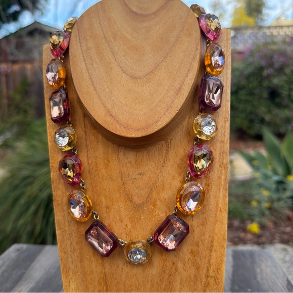 J Crew Statement Necklace Multi Color Jewel Box  18” Gold Tone Chain - Picture 4 of 8